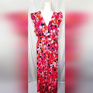 Q2 Designer Resort  Pink and Red Floral Ruffled Dress Size S